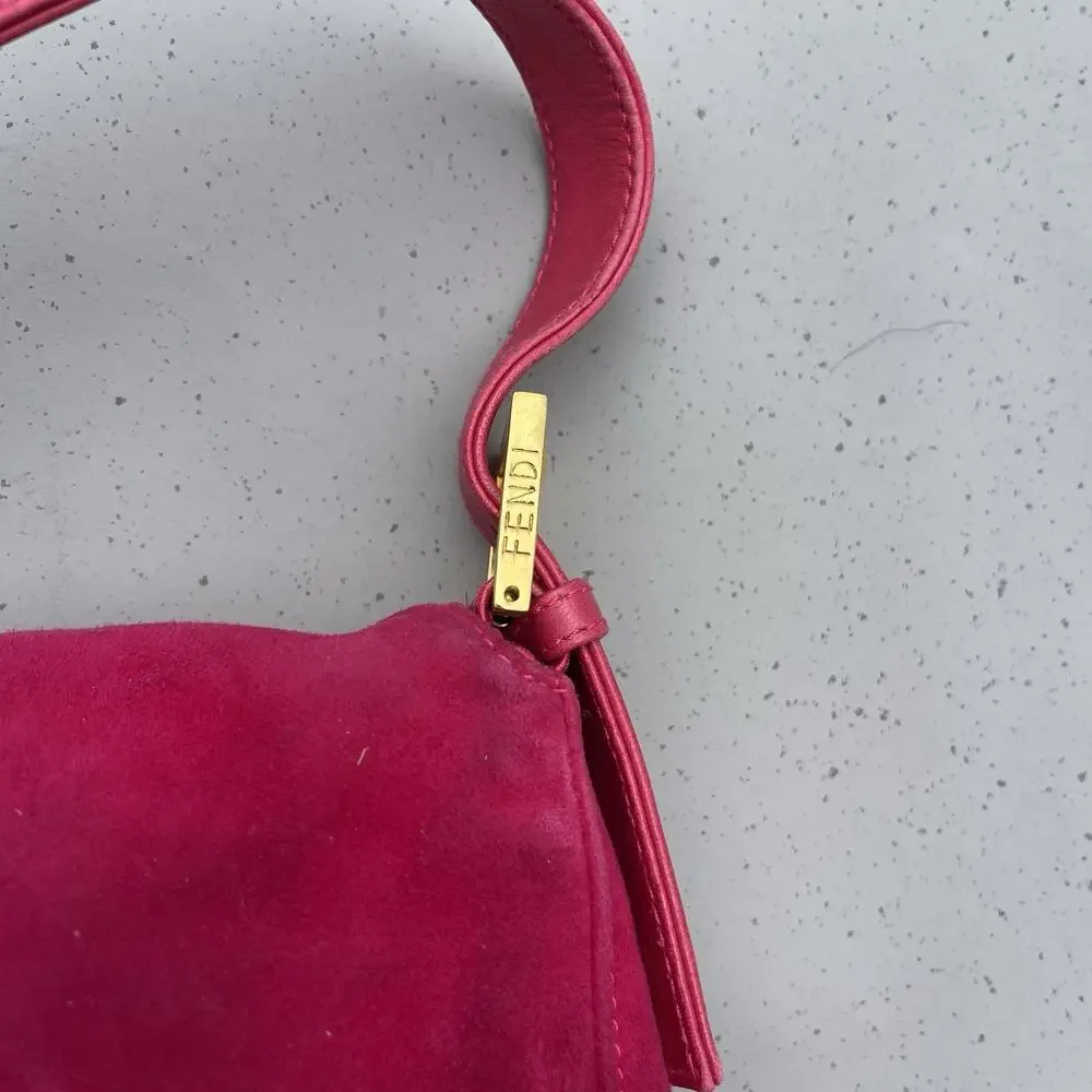 FENDI Mamma Baguette Pink Suede Gold Glitter Flap Shoulder Bag Purse - Picture 6 of 16